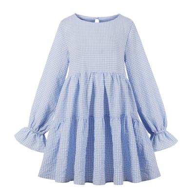 China Autumn Dress VD2373 Breathable Casual Light Blue Women Plaid Loose Dresses Long Sleeve for sale