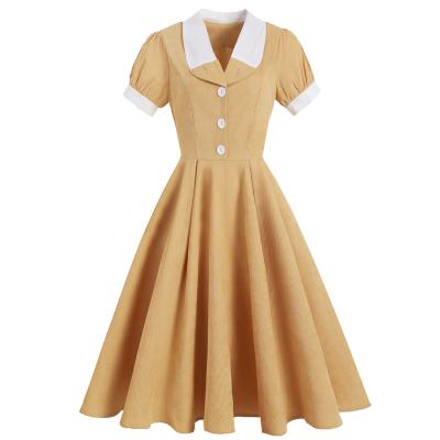 China Breathable Vintage Style Short Sleeve Corduroy Yellow Dress For Women Retro Clothing VD2841 A Line Summer Dresses for sale