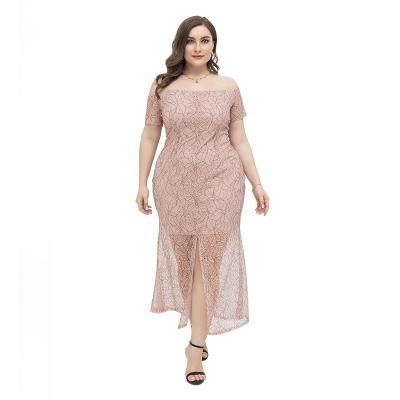 China Plus Size Breathable Pink Women Dress VD2266 Elegant Slash Neck Part Long Lace Dress Front Split for sale