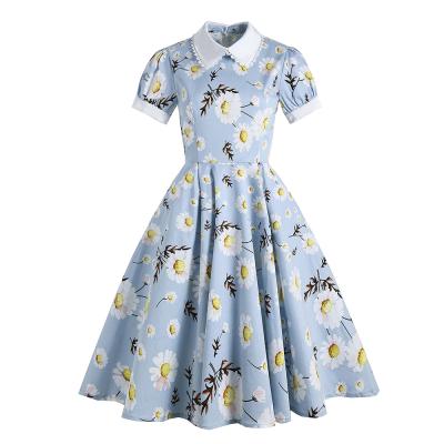 China Peter Pan Collar Small Daisy Print Summer Dress Long Dress VD1994 Anti-Static Shorts Sheath Light Blue Cotton 50s Vintage Women Dresses for sale