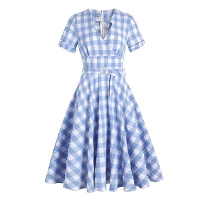 China Vintage Anti-Static British Women's Vintage Swing Dress VD1995 50s 60s Summer Swing Hepburn Retro Short Sleeve Wide Blue Plaid Dresses for sale