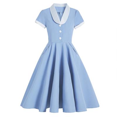 China Light Blue Long Dress Woman Vintage Dresses Hepburn Retro Short Sleeve Wide Swing Summer Anti-Static British Women Dress VD1997 50s 60s for sale