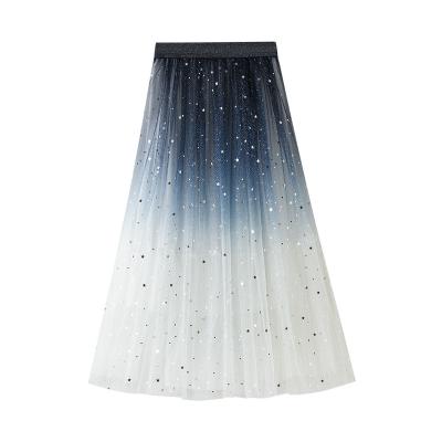 China Plus Size Fashion Women Ladies Autumn Long Skirt WF0051 Blue White Sequin Color Gradient Stars Elastic Tulle Skirt for sale