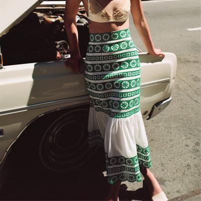 China Women Anti-Static Floral Print White And Green Ladies Fashion Long Skirt VD2664 Harajuku High Waist Bohemian Boho Long Maxi Skirts for sale