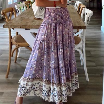 China 2021 Bohemian Women Floral Print Long Maxi Skirt VD1678 Full Waist Beach High Casual Style Popular Purple Anti-Static Boho Skirts for sale