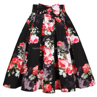 China 2021 Summer Floral Print Breathable Women Skirt SS0012 High Waist Y2K Plus Pocket Female Midi Skirts Black Waist Pleated Bow Skirt for sale