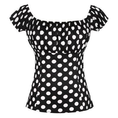 China 2021 Retro Vintage Breathable 50s Top Neck Black Pin Up Women Blouses TP204 Dot Printed Cotton Shirts Summer Short Sleeve Polka Slash for sale