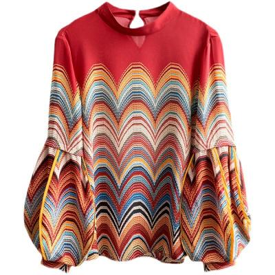 China Breathable Wavy Streetwear Vintage Striped Loose Sniff Lantern Sleeve Women Blouses And Tops Haut Femme Shirts 2021 VD2313 for sale