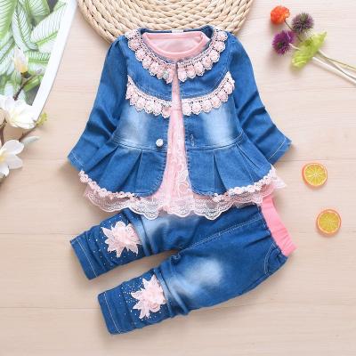 China OR Tong Factory Customization Elegant Chinese style Floral lace up 3 pieces cotton jeans 3 years old babies newborn clothes set for sale