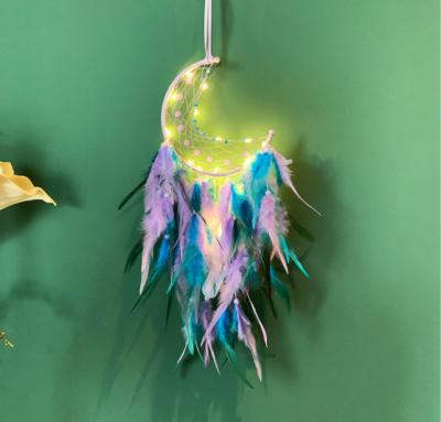 China Minimalist Led Moon Dream Catcher Handmade Feather Dream Catcher Braided Wind Chimes Art Room Hanging Decoration for sale