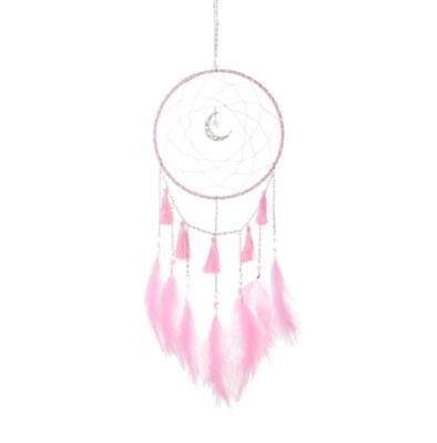 China Dreamy Minimalist LED Moon Catcher with Light Handmade Feather Braided Wind Chimes Art Room Hanging Decoration for sale