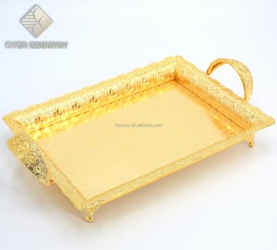 China Fashinable Tulip Design Gold Plated Elegant 24 Inch Rectangle Metal Serving Tray With Handle for sale