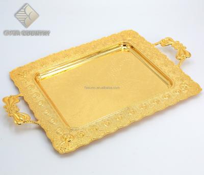 China Tulip Design Gold Plated Stocked 14 inch Rectangle Serving Tray With Handle for sale