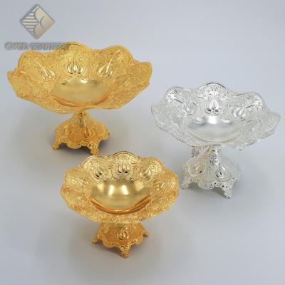 China Stocked 7 inch Tulip Design Gold Plated Metal Round Shape Chocolate Fruit Dish with Stand for sale