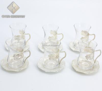 China Stocked Set For Turkish Style 6 Metal Gold Plated Tea Cups Set With Saucer for sale