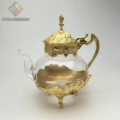 China Viable Wire Desgin Turkish Gold Plated Glass Metal Drinkware Teapot Sets for sale