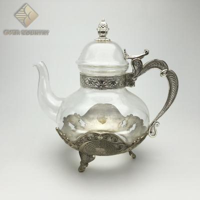 China Viable Spiral Desgin Metal Turkish Silver Plated Glass Teapot Teapot Set for sale