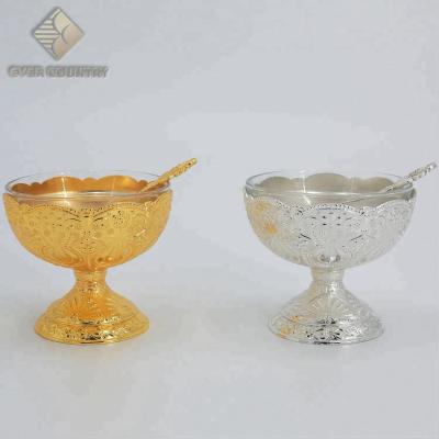 China Viable Tulip Design Metal Gold Plated Glass Salad Ice Cream Bowl With Spoon for sale