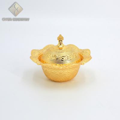 China Stocked Tulip Design Gold Plated Round Shape Arabic Dates Bowl Snack Dish With Cover for sale