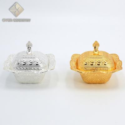 China Viable Small Size Square Shape Tulip Design Gold Plated Metal Arabic Dates Bowl Snack Dish With Cover for sale