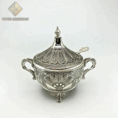 China Flower Stock Design Round Peacock Sugar Stocked Silver Plated Jar With Cover And Spoon for sale