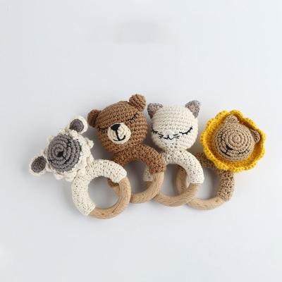 China Handmade Bear Wooden Animal Cute Cat Baby Teether Rattle Musical Baby Toy Custom Made for sale