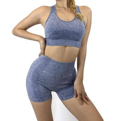 China Seamless Women's Breathable Compression Hollow Out Gym Mesh Insert Sports Bra Women Clothing And Yoga Shorts Set 2021 Summer for sale