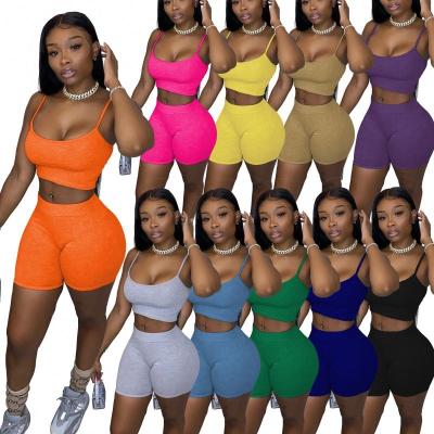 China 2021 New Arrival Solid Color Breathable Shorts Pants Women Summer Two Piece Set Outfits Biker Shorts Top Sportswear Crop Women Shorts Sets for sale