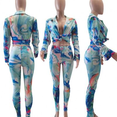 China New Arrival QUICK DRY Printed Women Clothing 2 Piece Pants Sets Long Sleeve Set Button Skirts Two Piece Sets Women Outfit for sale