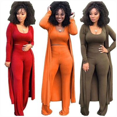 China New Arrival Solid Anti-pilling Casual Coat Long Teams Ribbed Overalls Knit 3 Pieces Set Women Clothing Plus Size Fall 2021 Women Clothes for sale