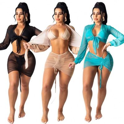 China Breathable hot selling fashionable and sexy swimwear and cover up pure color mesh sunscreen women 4 piece set swimsuit bikini suit for sale