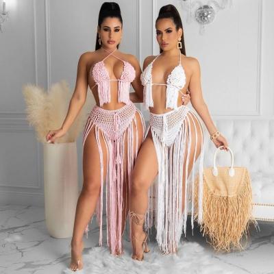 China New Arrival Imwear Breathable Beachwear Crochet 2 Piece Outfits Mesh Bikini Top Tassel Beach Wear Sexy Club Women Two Piece Set Clothing for sale