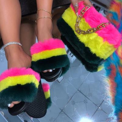 China 2021 fashion trend new arrival ladies handbags with sandal set for women platform sandals matching bags set furry slippers and purse set for sale