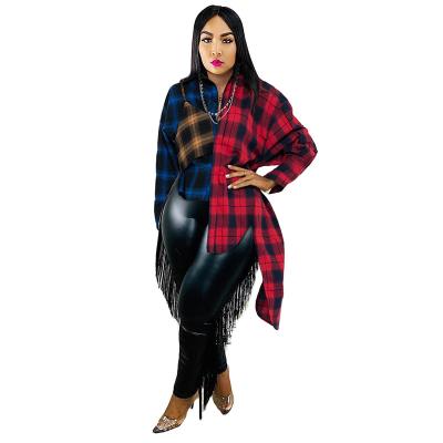 China QUICK DRY Sexy Women's Club Wear Plaid Blouses Long Sleeves Collared Irregular Checked Shirt Jacket for sale