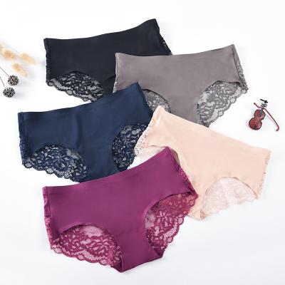 China Antibacterial Silk Women's Panties Ice Satin Ladies Sexy Briefs Fashion Hollow Out Flower Lace Seamless Panties for sale