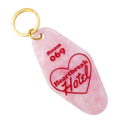 China Custom Show Glitter Hotel Acrylic Logo Printing Plastic Motel Keychain Key Chain for sale