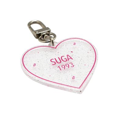 China Custom Transparent Plastic Heart Shaped Acrylic Hotel Key Chain Show Motel Key Chain With Glitter for sale