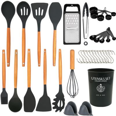 China Sustainable 38720 Kitchen Utensil Set 38 piece cookware made of heat resistant food grade silicone and wooden handles for sale