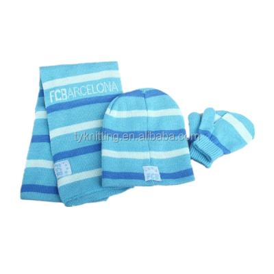 China Soft Feeling Soft Blue Dark Light Blue Stripe Mittens Alternative Warm Hat Scarf Set Is Suitable For Keeping Warm In The Winter for sale