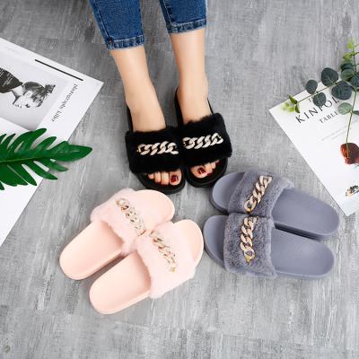 China Fashion Trend Winter Women Home Slippers With Warm Faux Fur Shoes Woman Slip On Flat Female Slides Black Gray Beige Pink for sale