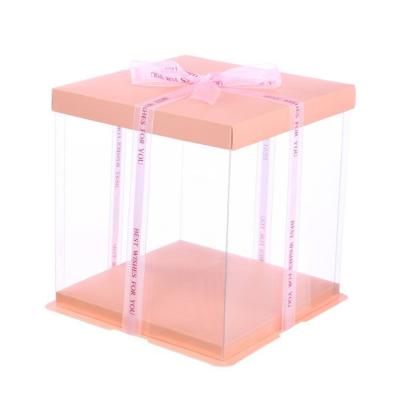 China Recycled Materials Stock Box Ready To Send Transparent Clear PVC Display Box Plastic Cake Box With Ribbon for sale