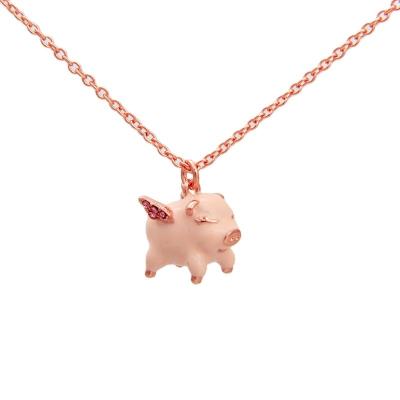 China Hog Copper Plating 18K Rose Gold Lovely Pink Enamel Flying Hog Pendant Women's Short Necklace for sale