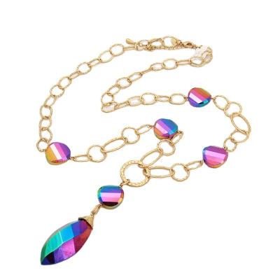 China Europe and America multicolor color-changing crystal pendant exaggerated women's necklace long sweater chain for sale