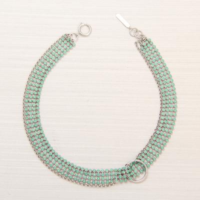 China Europe and America brass net chain silver plated inlaid with personality green women's rhinestone protein necklace short collarbone chain collar for sale