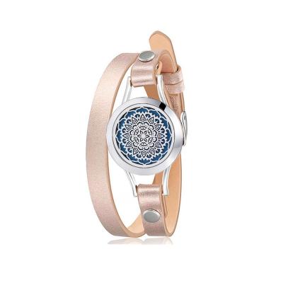 China Wholesale Design 316L Stainless Steel Aromatherapy Essential Oil Diffuser Fashion Mandala Leather Wrap Bracelet for sale