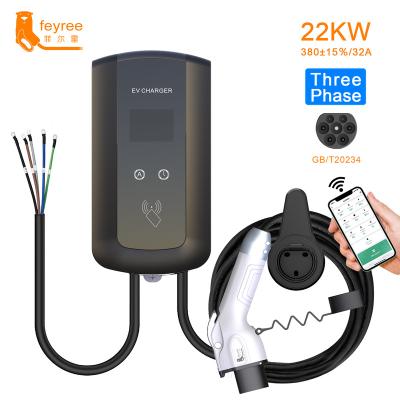 China Screen display feyree EV charger GB/T tether EVSE Wallbox electric vehicle 7KW 11KW 22KW APP control with 16A 32A plug car charging 5m cable for sale