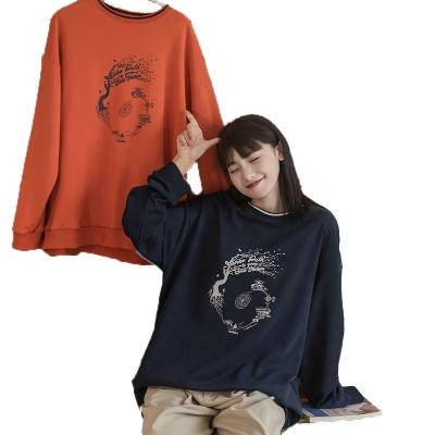 China 2021 Autumn New Style Pullover Women's Loose Round Lazy Neck Solid Color Printed Sweatshirt Breathable Sweater for sale