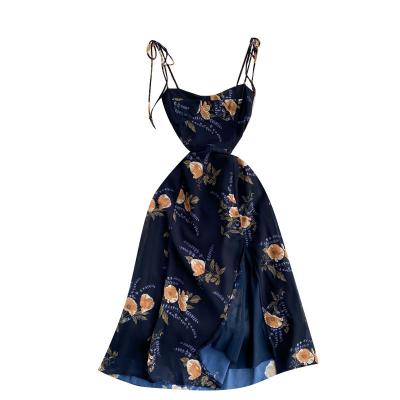 China New Anti-wrinkle Summer Beach Holiday Elegant Dress Mid Length Chiffon Halter Skirt Floral Printed Slim Slit Beach Dark Blue Edge for sale