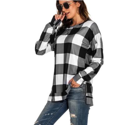 China European and American Style Plaid Neck Edge Slit Print Pattern Loose Pullover Women's Breathable Round Sweatshirt for sale