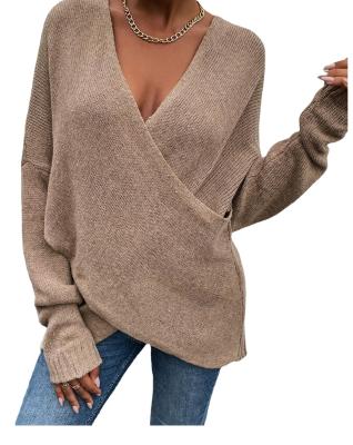 China 2021 Women Autumn And Winter New Solid Color Cross V-Neck Breathable Loose Pullover Knitted Sweater for sale